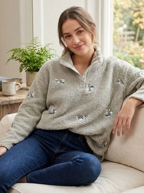 COMO BLU Floral Embroidered Sherpa Pullover Sage Green XL Cozy Cottagecore